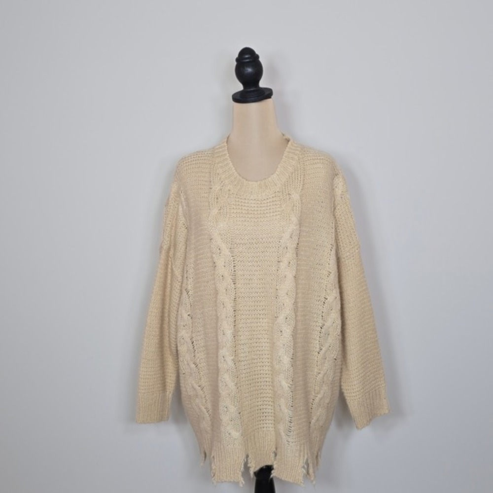 VELZERA Cream Cable Knit Distressed Oversized Sweater Women 1XL 2XL‎